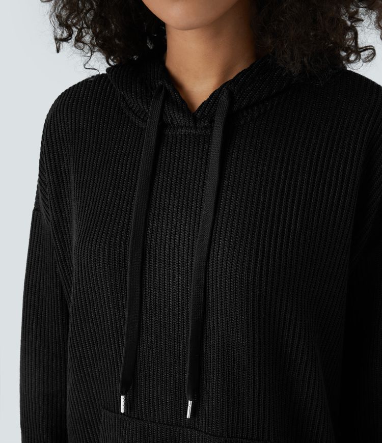 Ribbed Knit Hooded Drawstring Dropped Shoulder Kangaroo Pocket Oversize Casual Sweatshirt