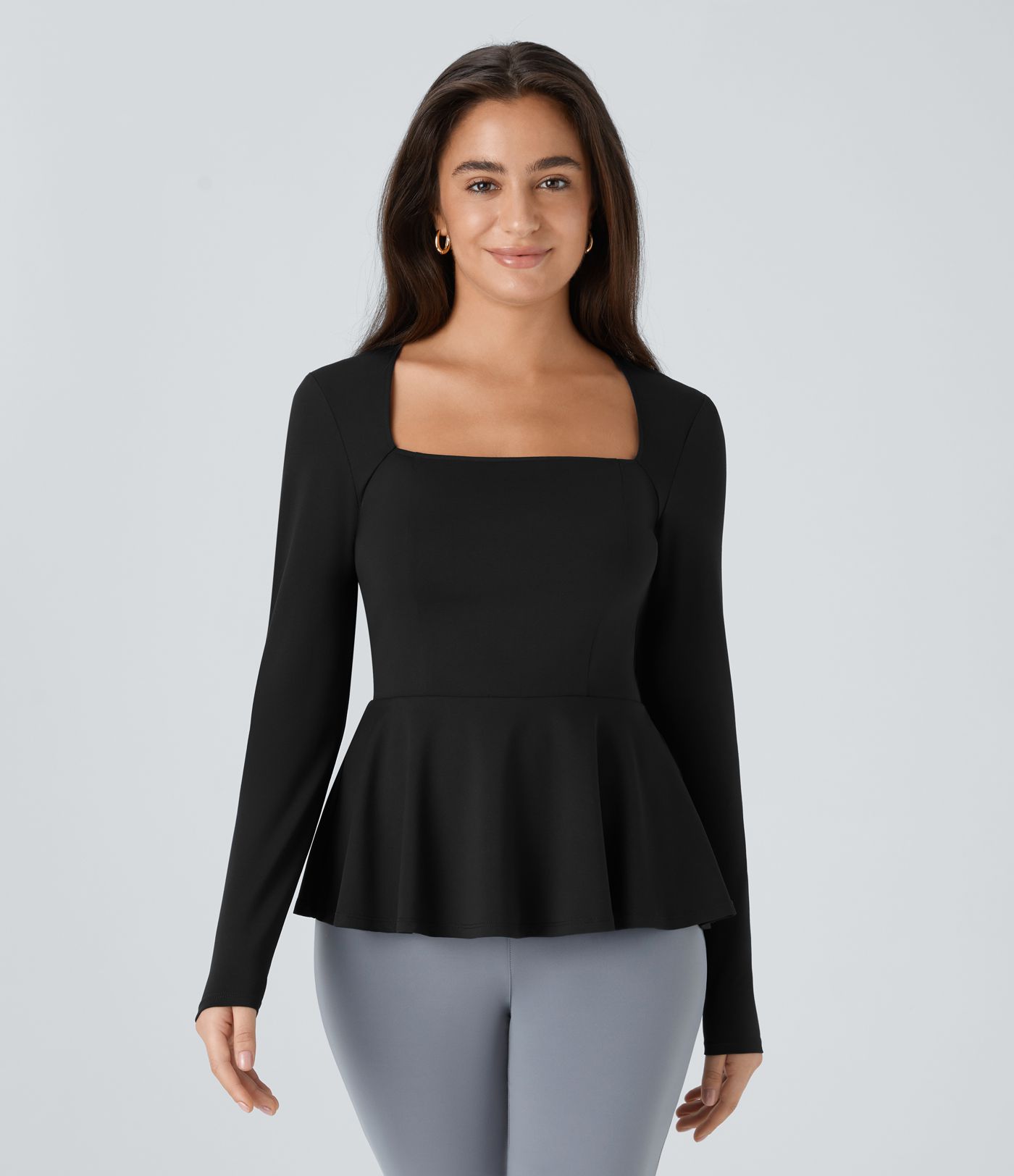 Square Neck Long Sleeve Ruffle Hem Work Top