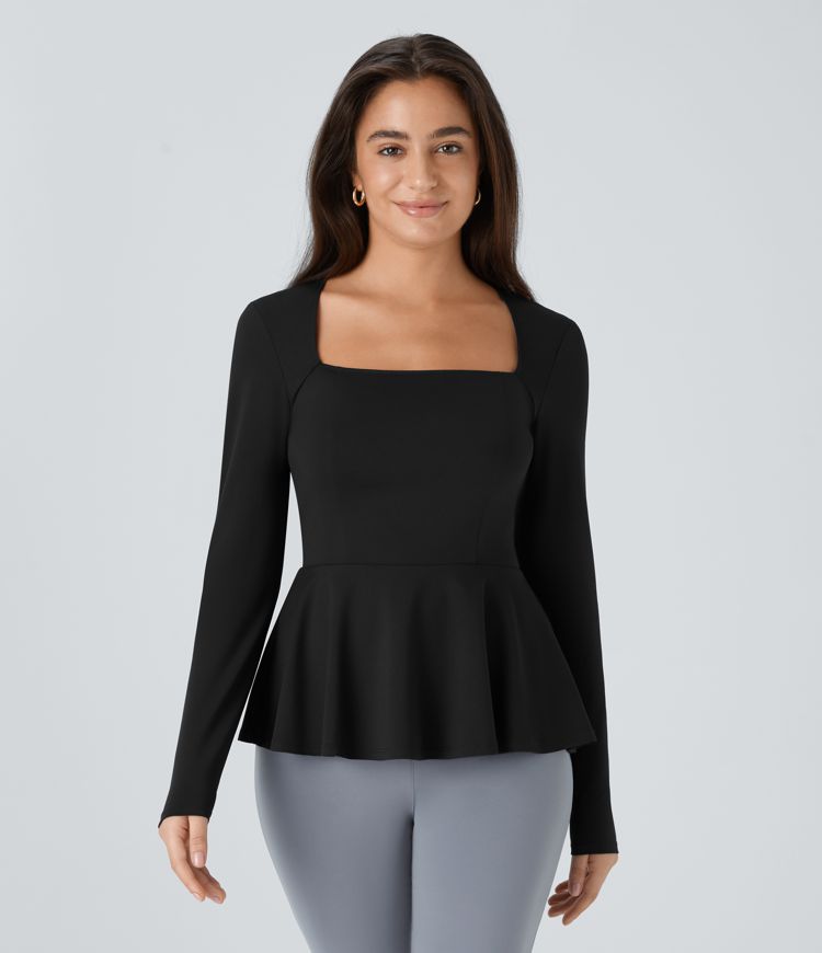Square Neck Long Sleeve Ruffle Hem Work Top
