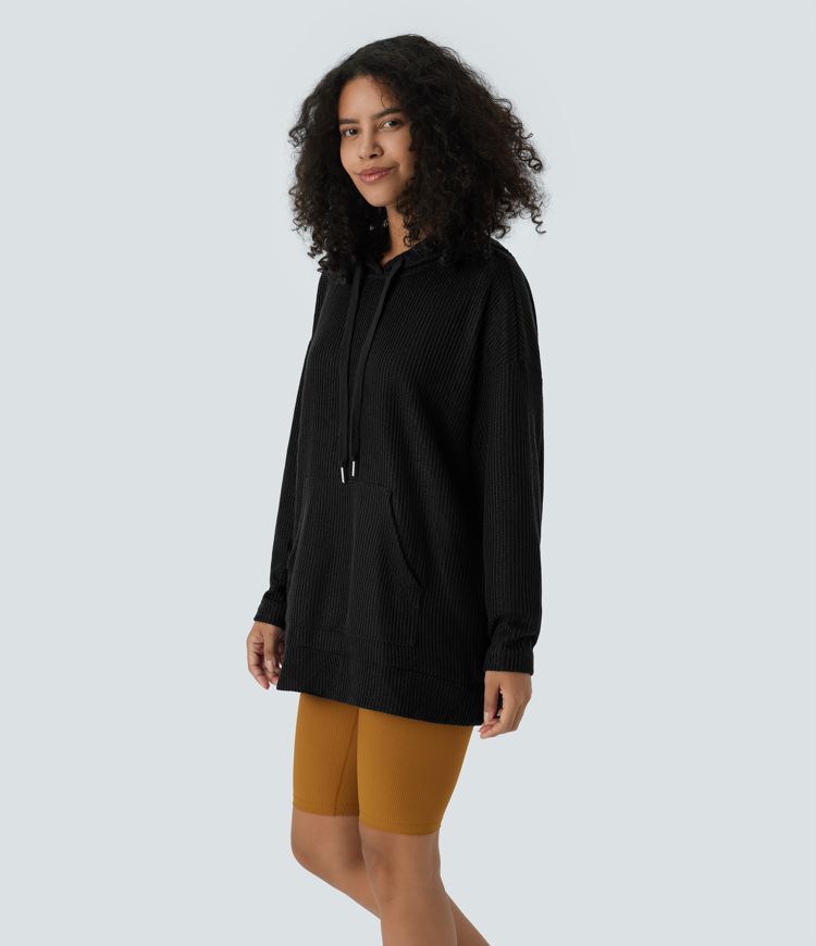 Ribbed Knit Hooded Drawstring Dropped Shoulder Kangaroo Pocket Oversize Casual Sweatshirt