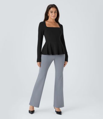 Square Neck Long Sleeve Ruffle Hem Work Top