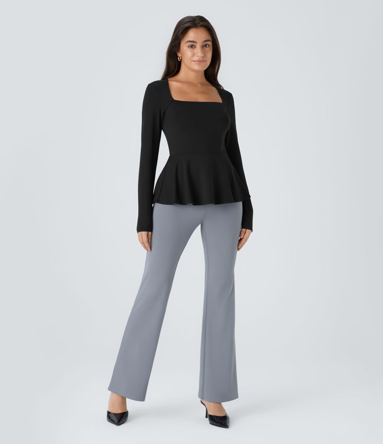 Square Neck Long Sleeve Ruffle Hem Work Top