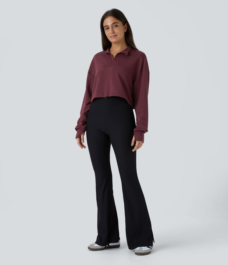 Sweat-shirt court décontracté avec demi-zip, passe-pouces et cordon ajustable à l'ourlet