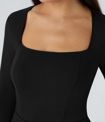 Square Neck Long Sleeve Ruffle Hem Work Top