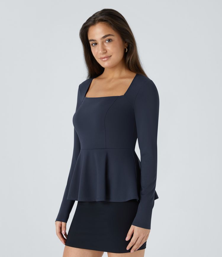 Square Neck Long Sleeve Ruffle Hem Work Top