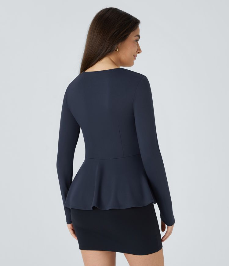Square Neck Long Sleeve Ruffle Hem Work Top