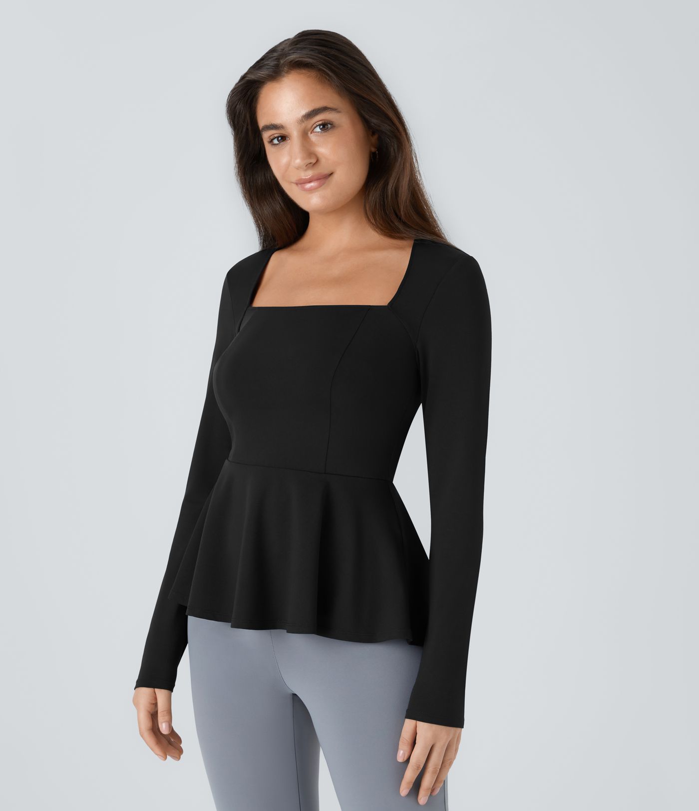 Square Neck Long Sleeve Ruffle Hem Work Top
