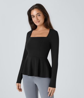Square Neck Long Sleeve Ruffle Hem Work Top