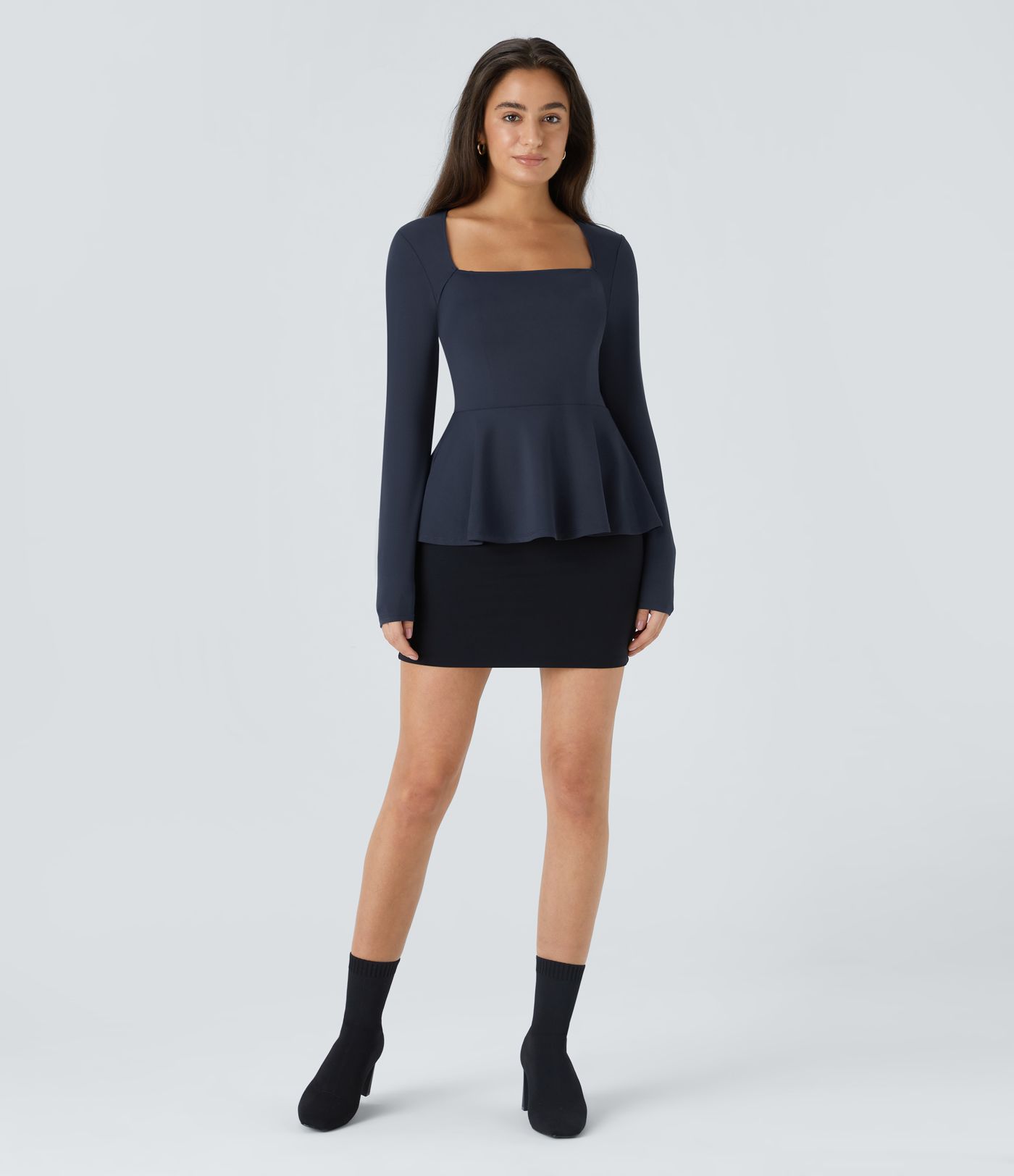 Blusa oficina cuello cuadrado manga larga dobladillo volante