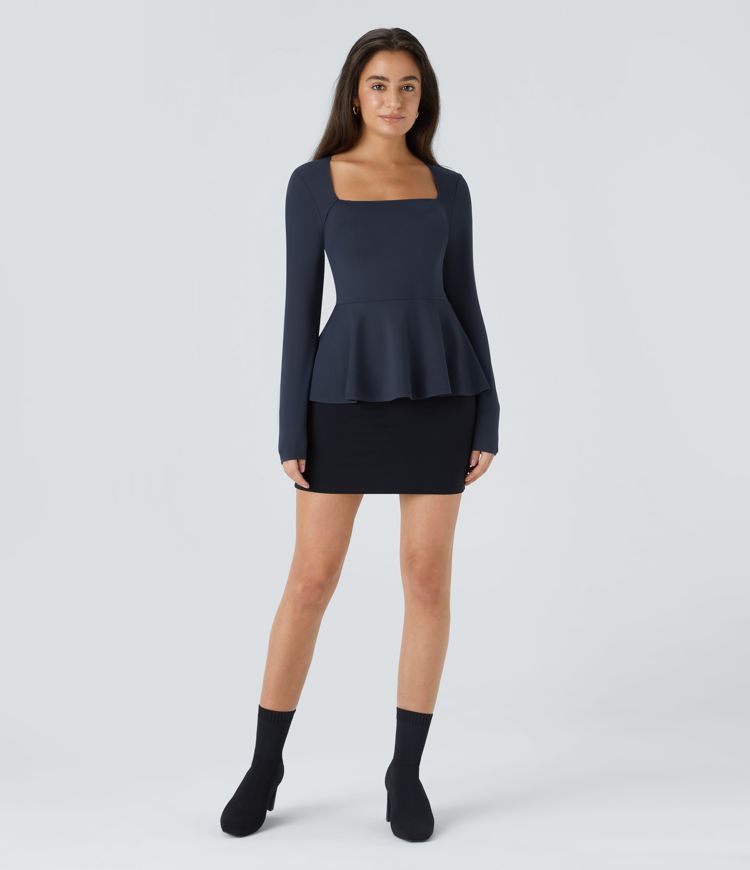 Blusa oficina cuello cuadrado manga larga dobladillo volante