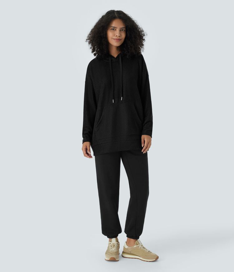 Ribbed Knit Hooded Drawstring Dropped Shoulder Kangaroo Pocket Oversize Casual Sweatshirt