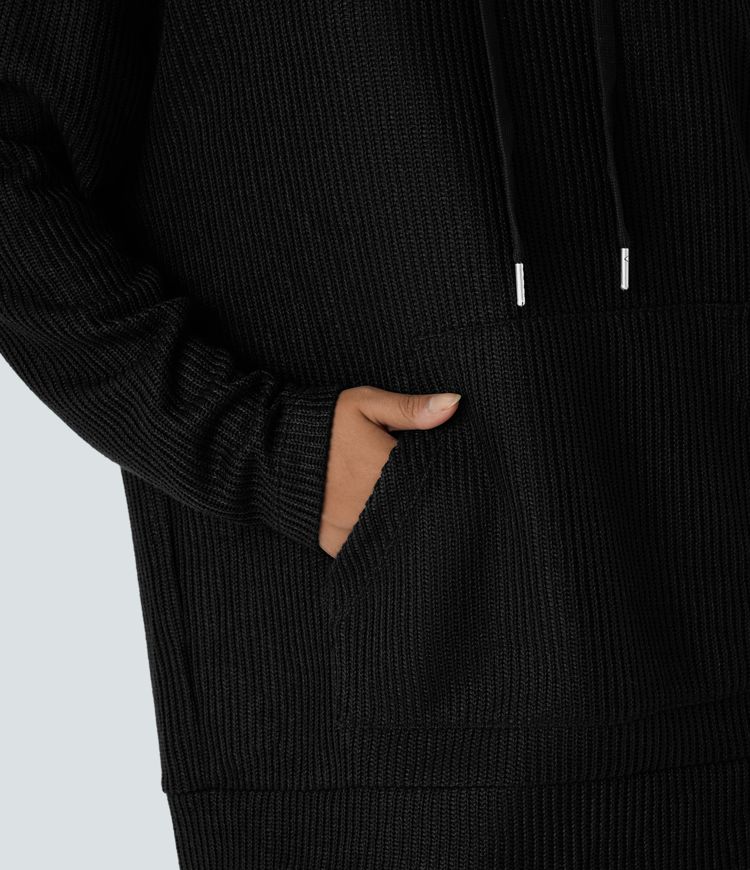 Ribbed Knit Hooded Drawstring Dropped Shoulder Kangaroo Pocket Oversize Casual Sweatshirt