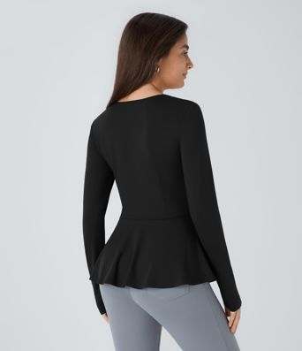 Square Neck Long Sleeve Ruffle Hem Work Top