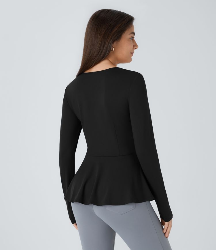 Square Neck Long Sleeve Ruffle Hem Work Top