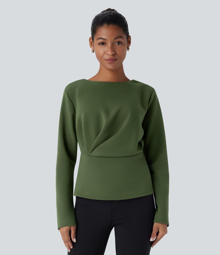 Blusa oficina relajada plisada cuello redondo manga larga