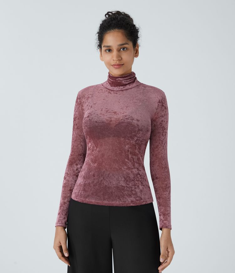 Sheer High Neck Long Sleeve Velvet Casual Top