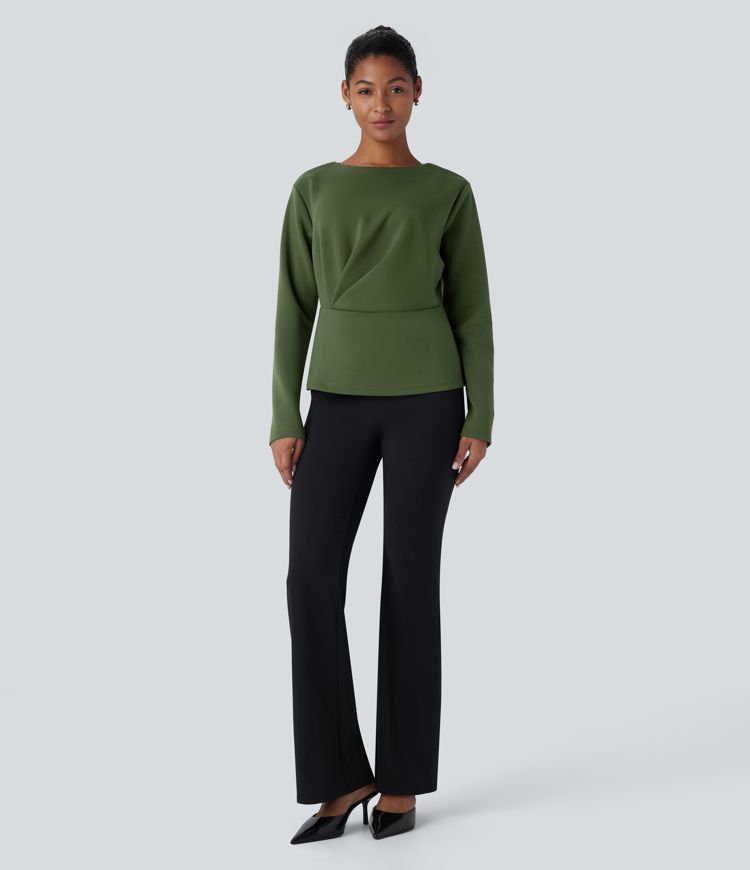 Blusa oficina relajada plisada cuello redondo manga larga