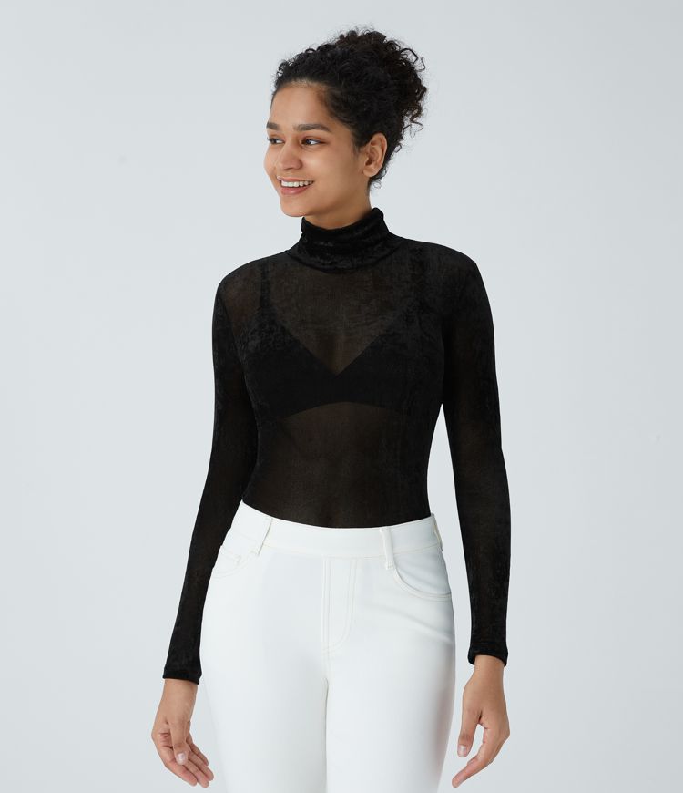 Haut décontracté transparent en velours à col montant et manches longues