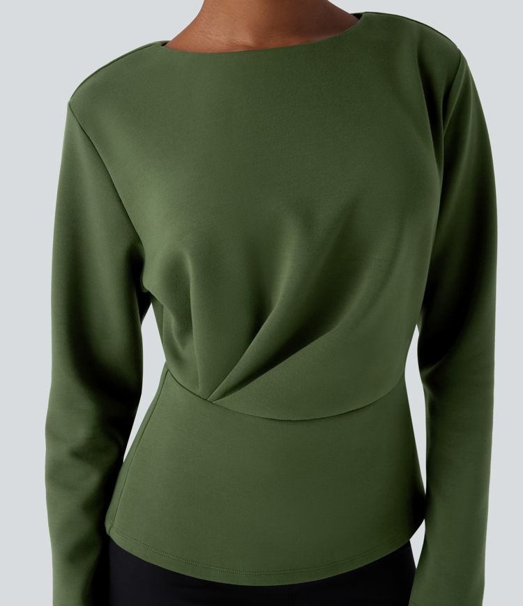 Blusa oficina relajada plisada cuello redondo manga larga