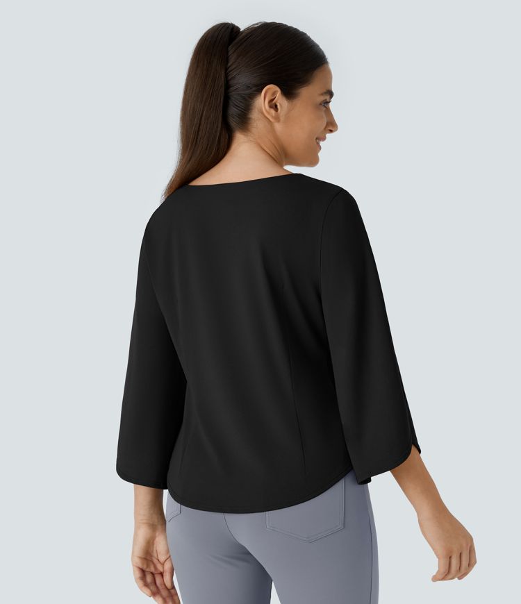 Top oficina dobladillo curvado manga 3/4 cuello V