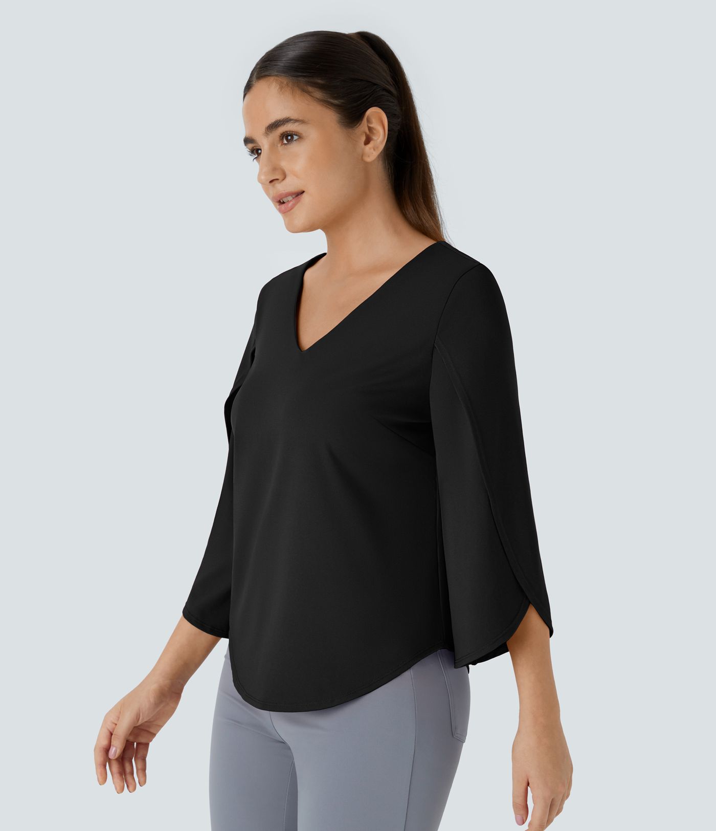 V Neck 3/4 Sleeve Curved Hem Work Top