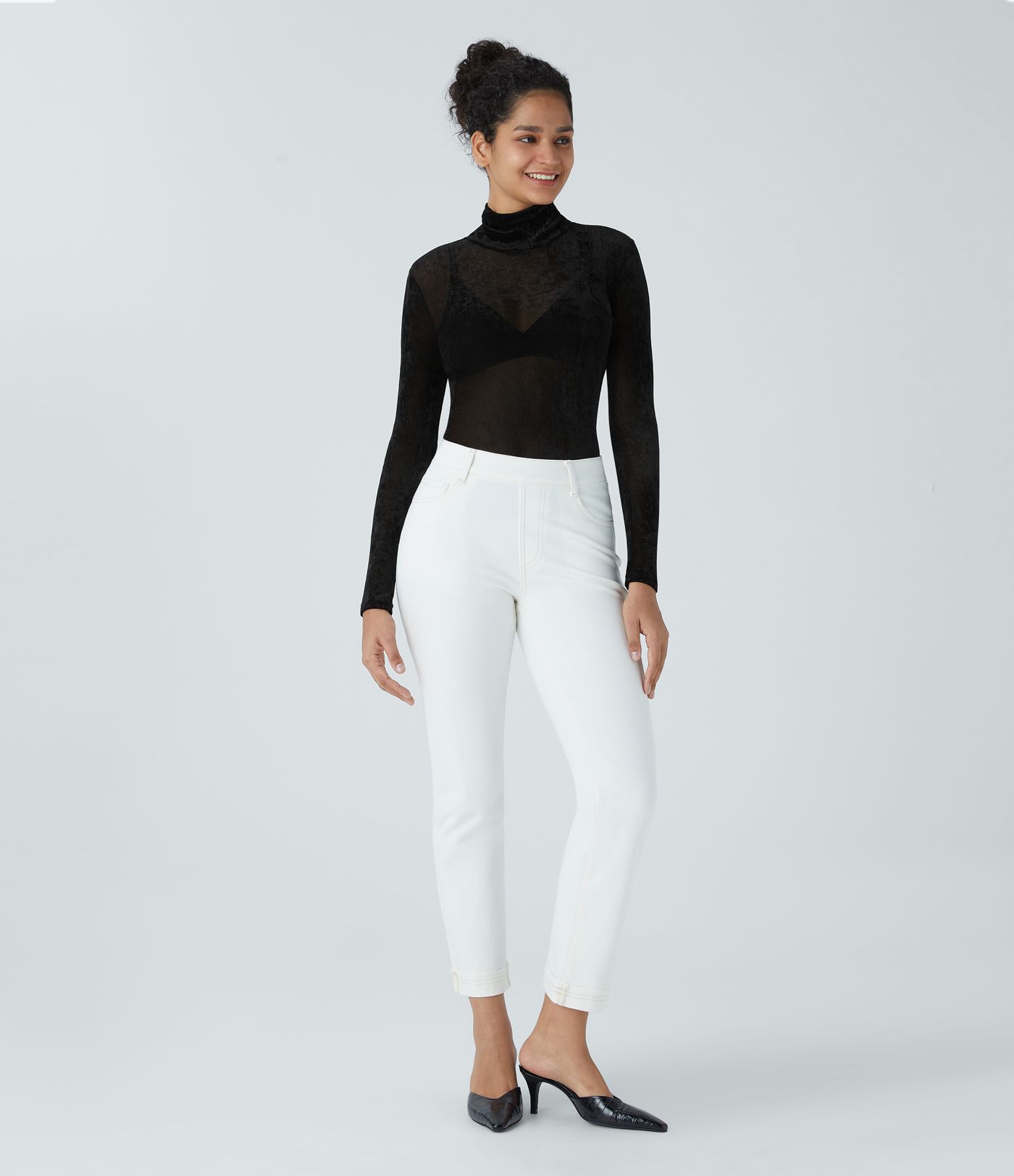 Haut décontracté transparent en velours à col montant et manches longues