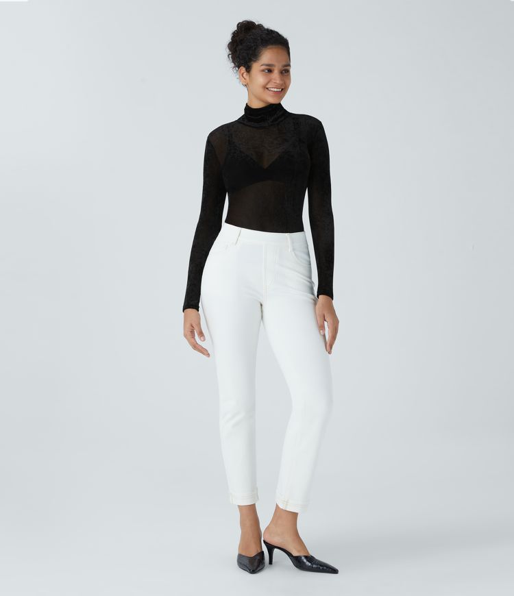 Haut décontracté transparent en velours à col montant et manches longues