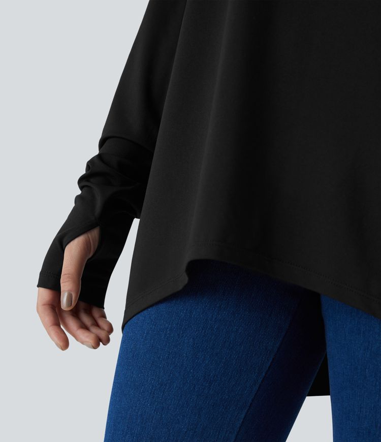 Cut Out Oblique Shoulder Thumb Hole High Low Oversize Casual Top
