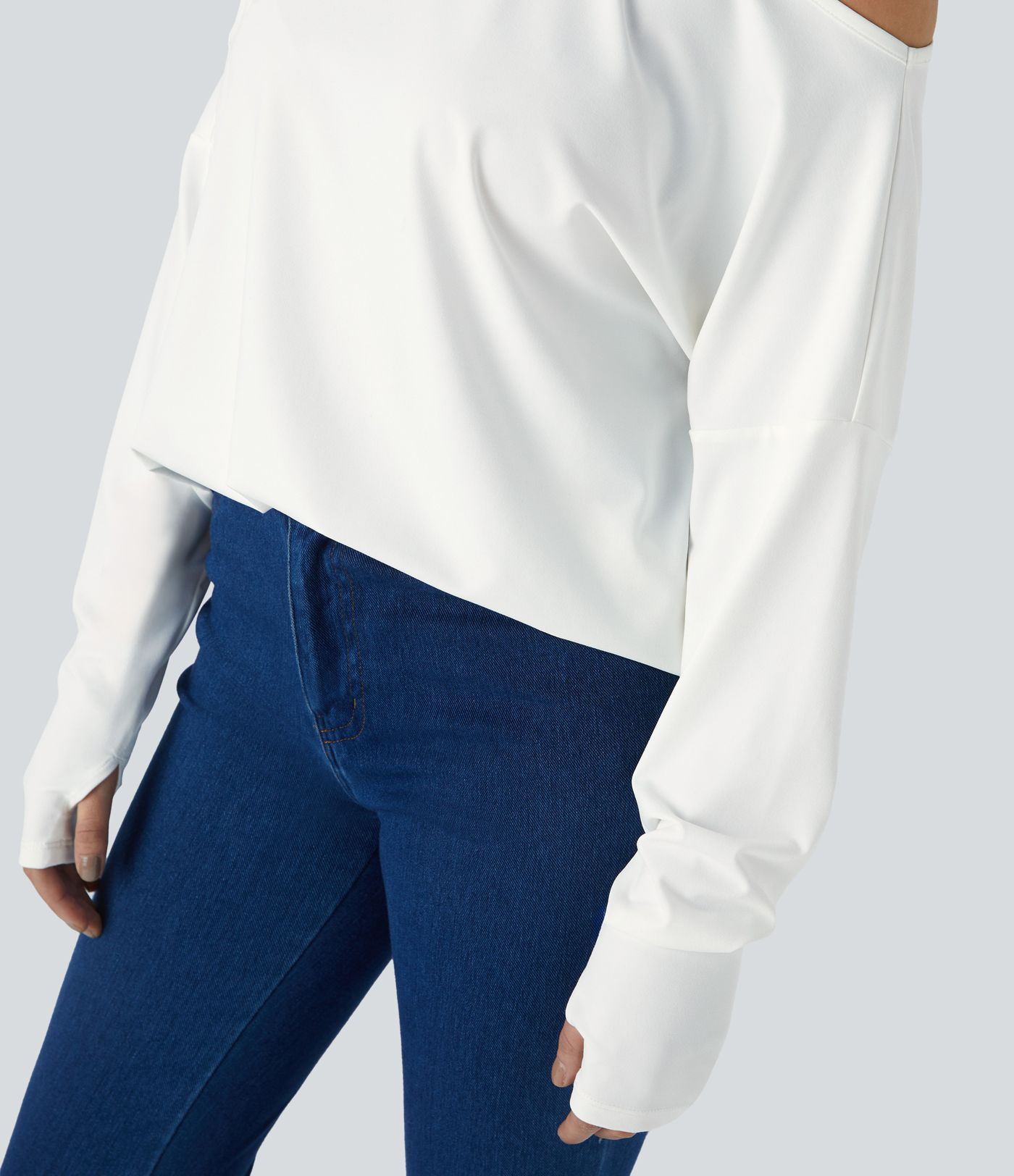 Cut Out Oblique Shoulder Thumb Hole High Low Oversize Casual Top