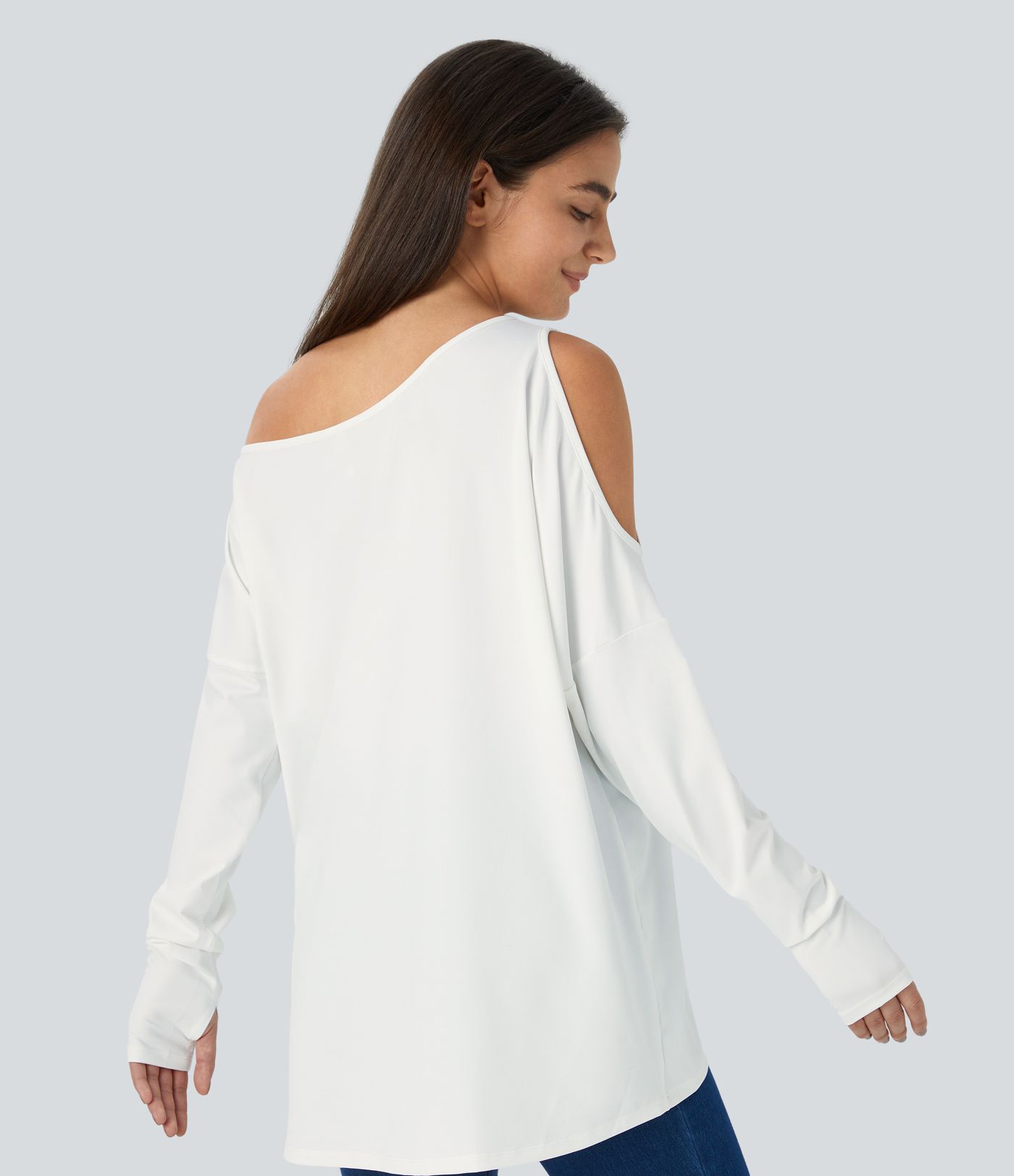 Cut Out Oblique Shoulder Thumb Hole High Low Oversize Casual Top