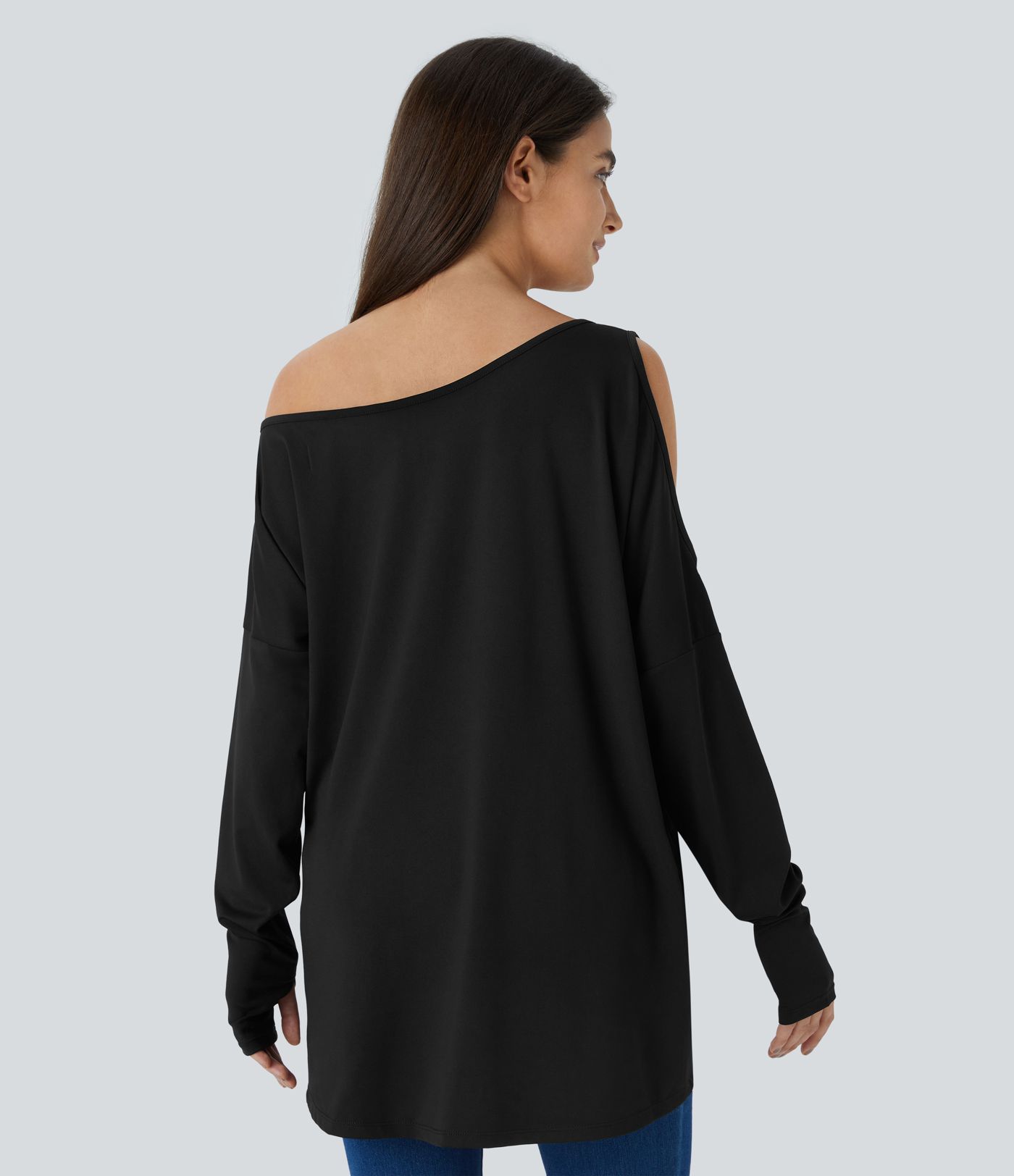 Cut Out Oblique Shoulder Thumb Hole High Low Oversize Casual Top