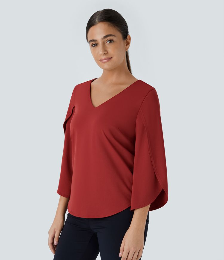 V Neck 3/4 Sleeve Curved Hem Work Top