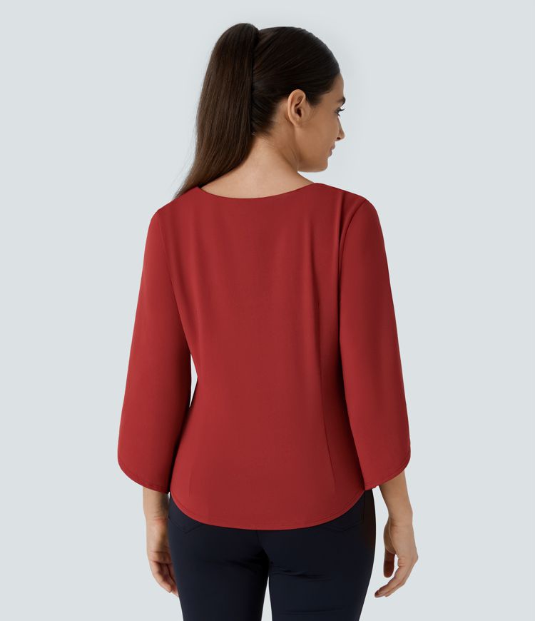 V Neck 3/4 Sleeve Curved Hem Work Top