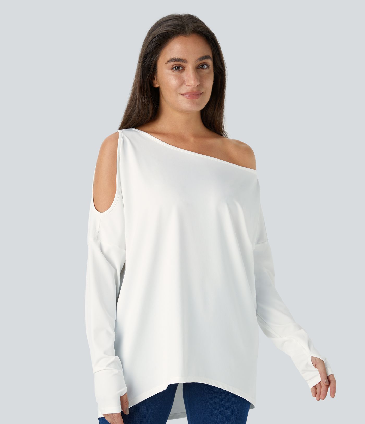 Cut Out Oblique Shoulder Thumb Hole High Low Oversize Casual Top
