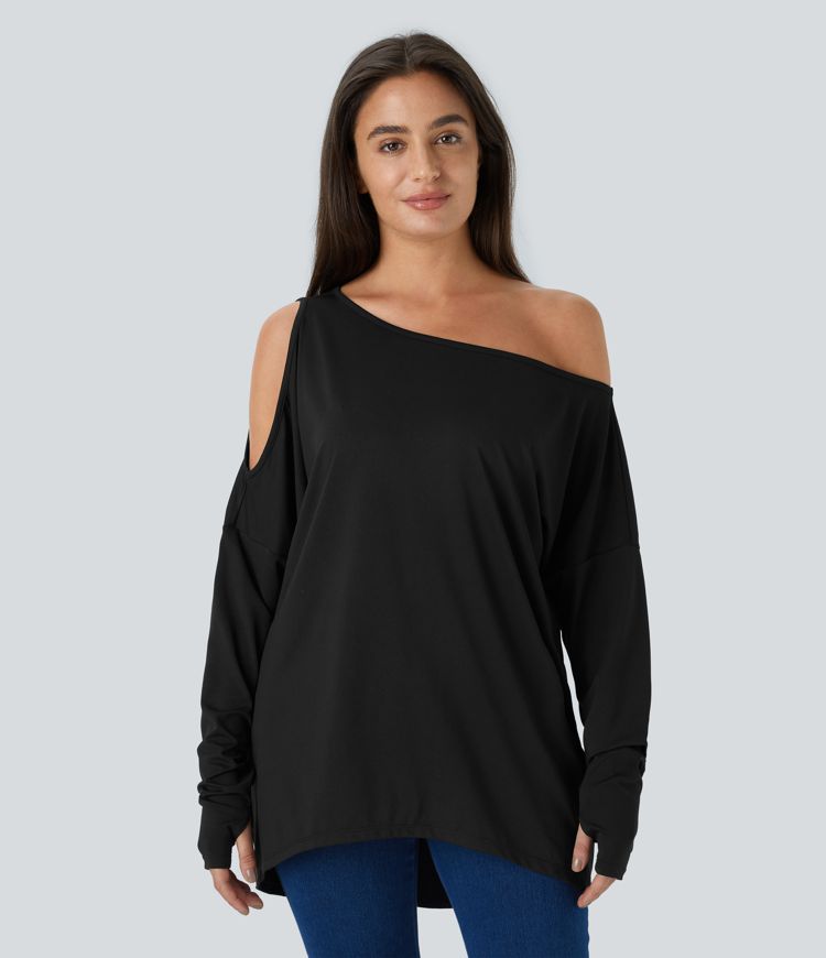 Cut Out Oblique Shoulder Thumb Hole High Low Oversize Casual Top