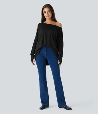 Cut Out Oblique Shoulder Thumb Hole High Low Oversize Casual Top