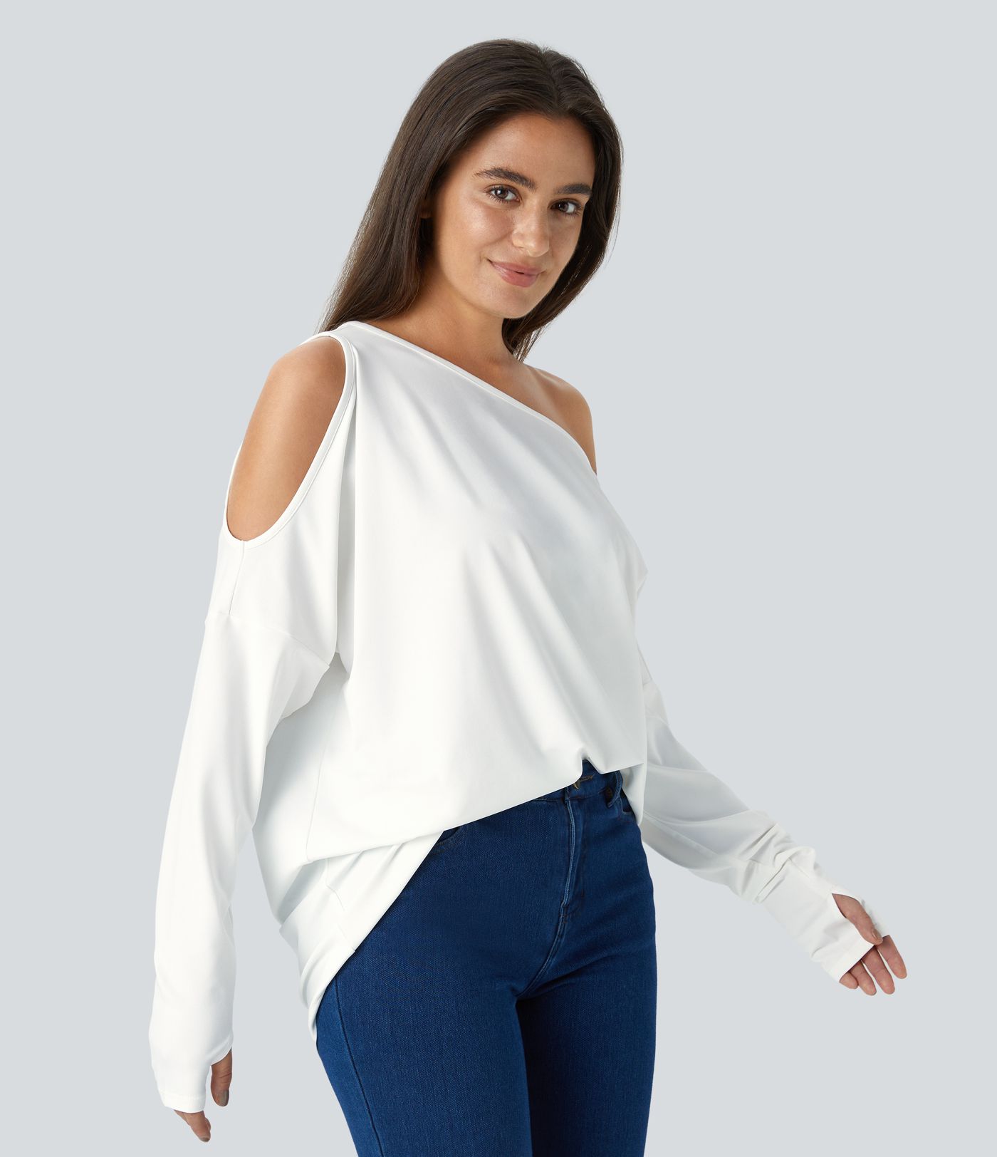 Cut Out Oblique Shoulder Thumb Hole High Low Oversize Casual Top