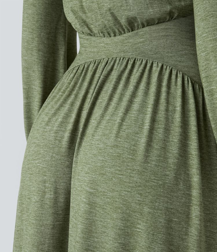 Robe Maxi à Col Rond et Manches Longues Plissée pour Demoiselle d'Honneur et Mariage