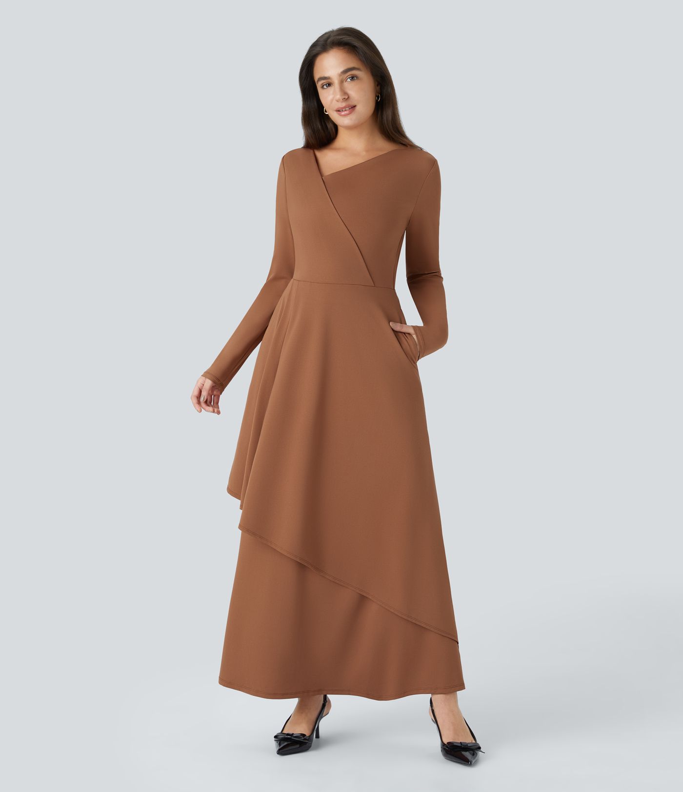 Asymmetric V Neck Long Sleeve Side Pocket Layered Hem Maxi Bridesmaid and Wedding Guest Dress