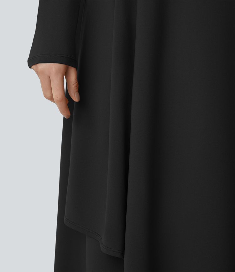 Asymmetric V Neck Long Sleeve Pocket Layered Hem Maxi Dress