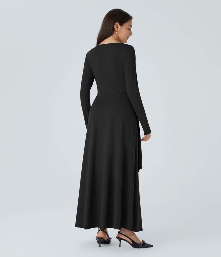 Asymmetric V Neck Long Sleeve Pocket Layered Hem Maxi Dress