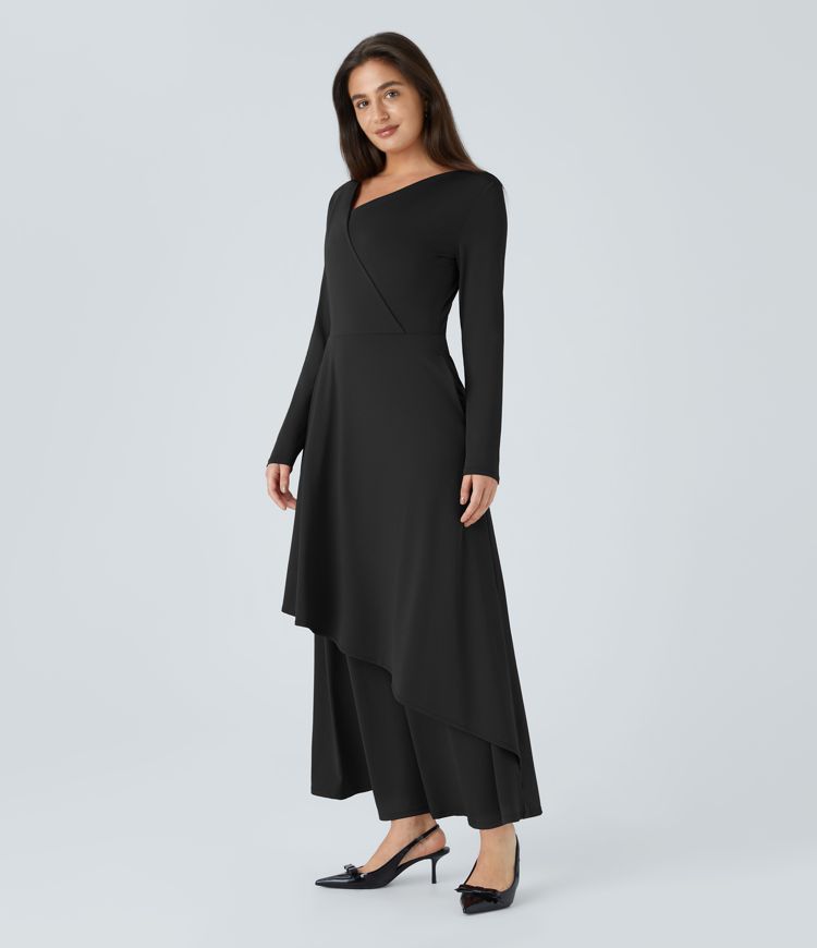 Asymmetric V Neck Long Sleeve Pocket Layered Hem Maxi Dress