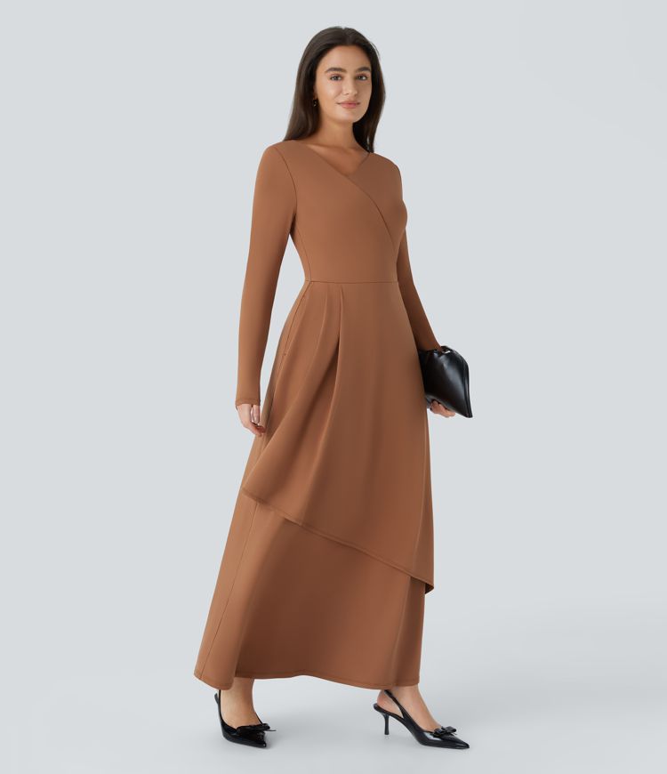 Robe longue asymétrique pour demoiselles d'honneur et invitées de mariage, à col V, manches longues, poches latérales et ourlet superposé