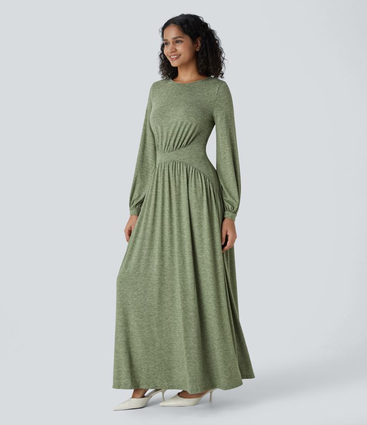 Robe Maxi à Col Rond et Manches Longues Plissée pour Demoiselle d'Honneur et Mariage