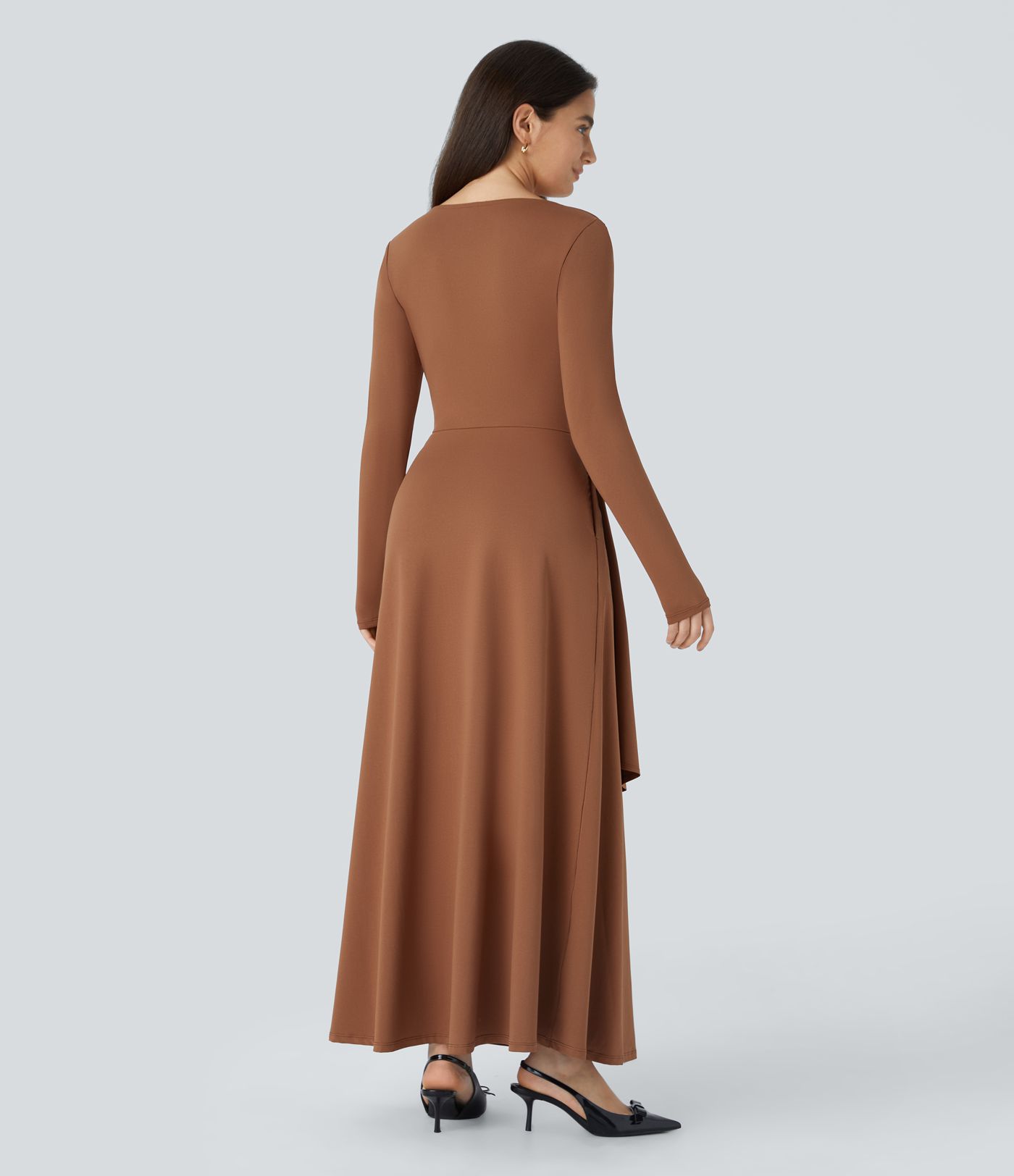 Asymmetric V Neck Long Sleeve Side Pocket Layered Hem Maxi Bridesmaid and Wedding Guest Dress