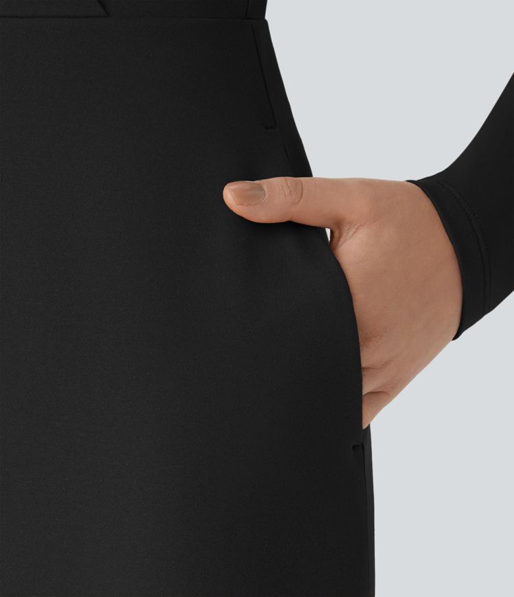 Asymmetric V Neck Long Sleeve Pocket Layered Hem Maxi Dress