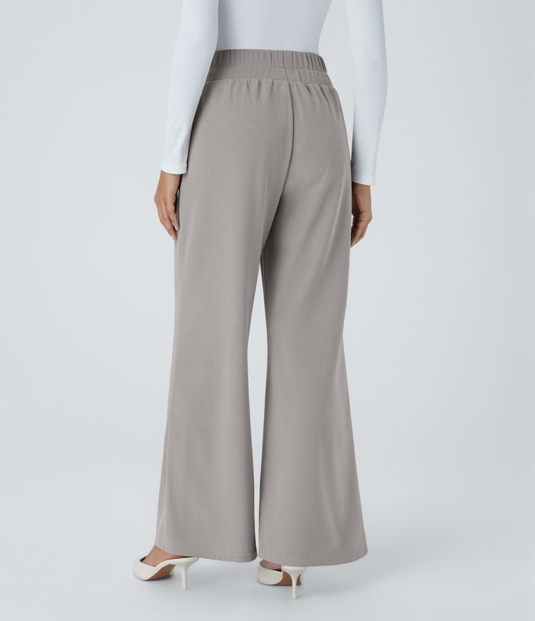 Halara Flex™ Pantalon Tailleur en Tissu Gaufré Taille Haute avec Large Ceinture Plis Poches Latérales Jambes Larges