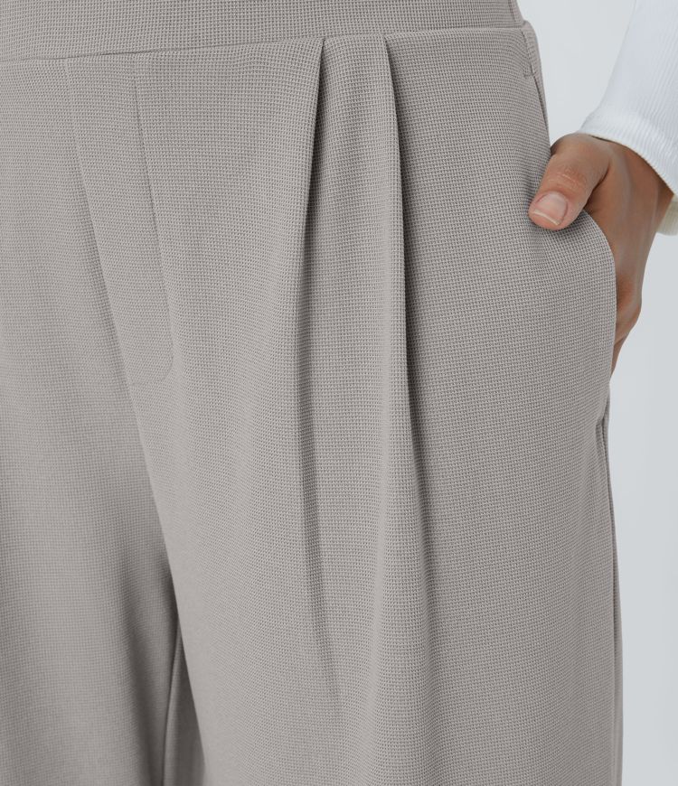 Halara Flex™ Pantalon Tailleur en Tissu Gaufré Taille Haute avec Large Ceinture Plis Poches Latérales Jambes Larges