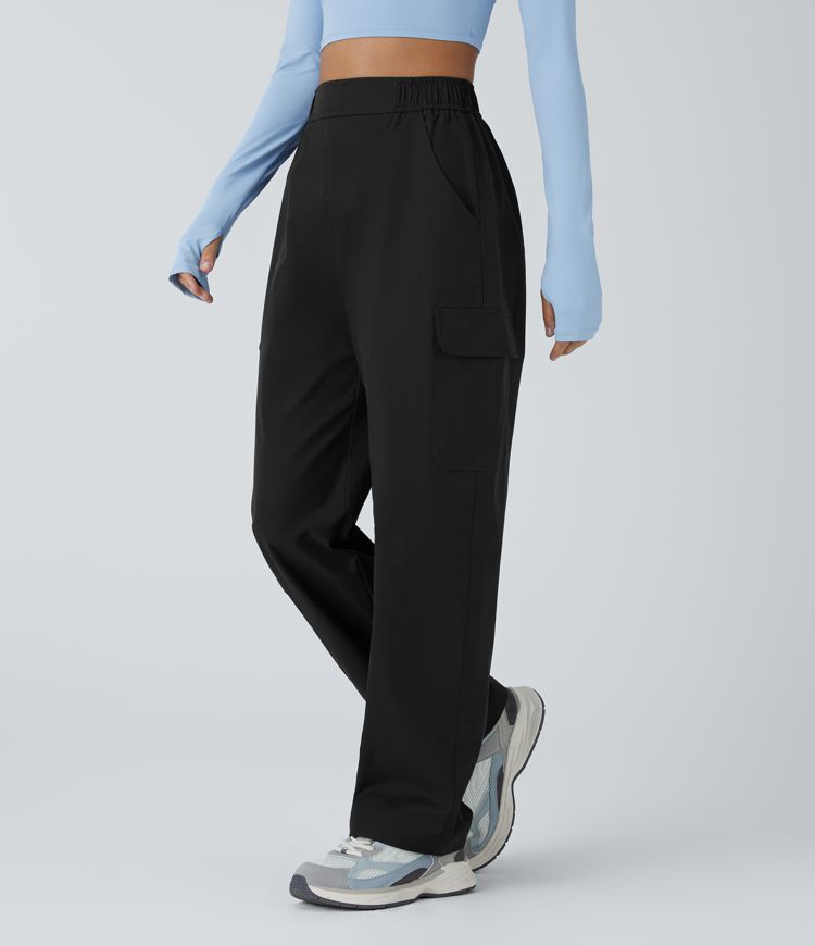 Schwarz Wasserabweisende, verschleißfeste Cargo-Hose mit hoher Taille und Taschen / 1