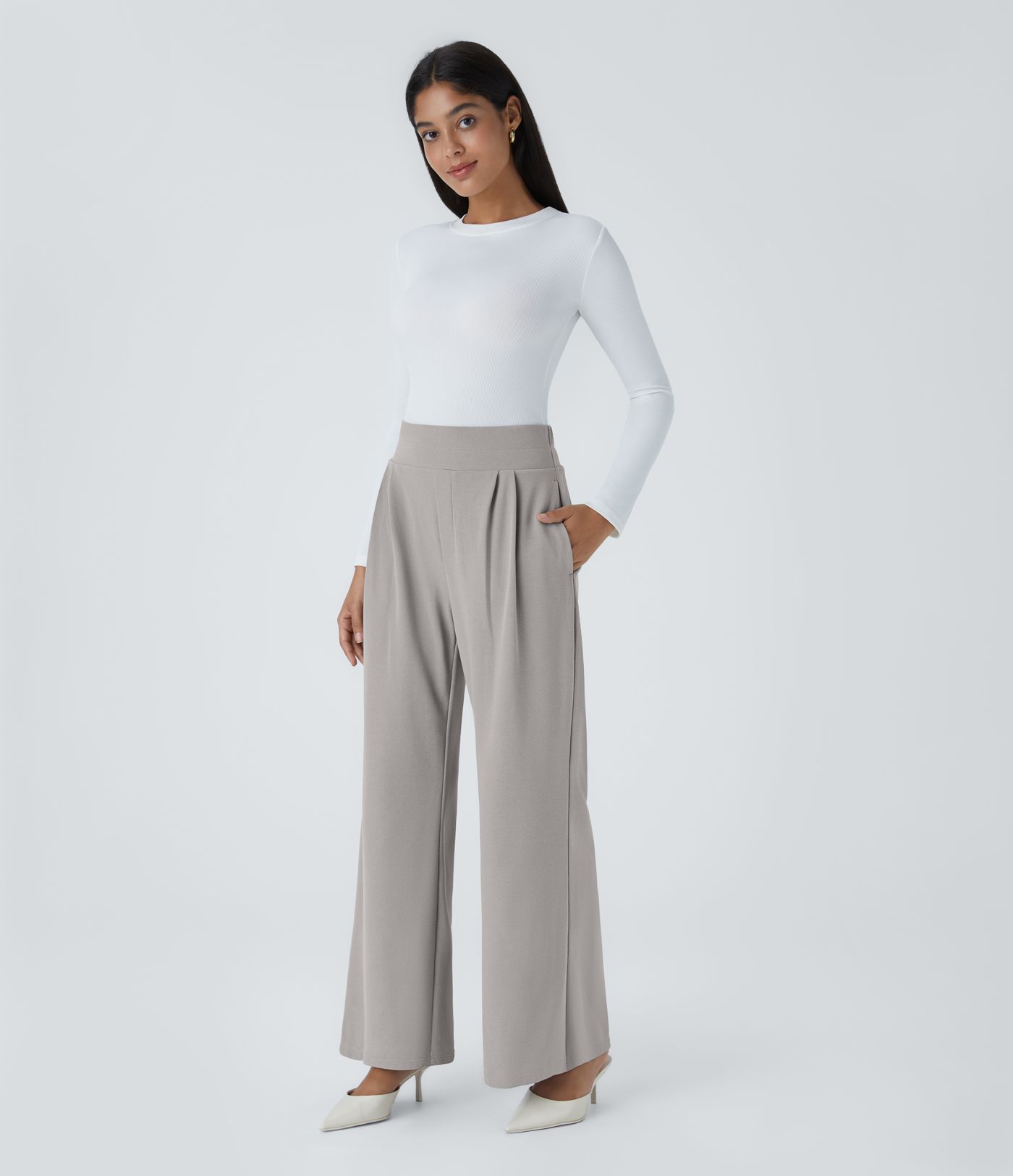 Halara Flex™ High Waisted Wide Waistband Pocket Wide Leg Waffle Work Trousers 